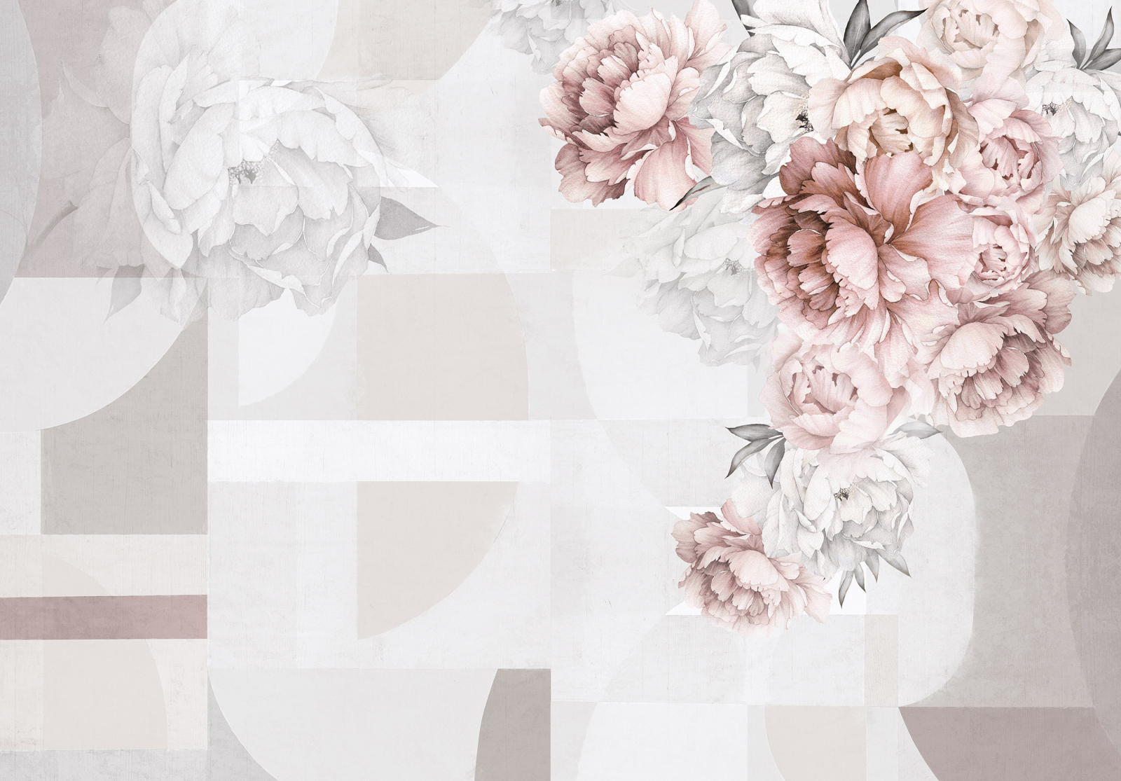 Нежен фототапет с пудрено-розови цветя и геометричен фон